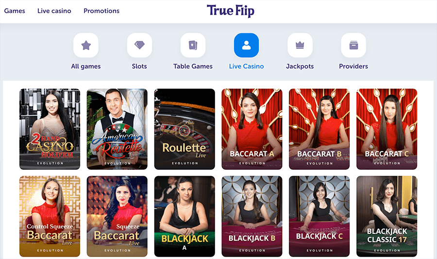 Speel in het Live casino van true flip