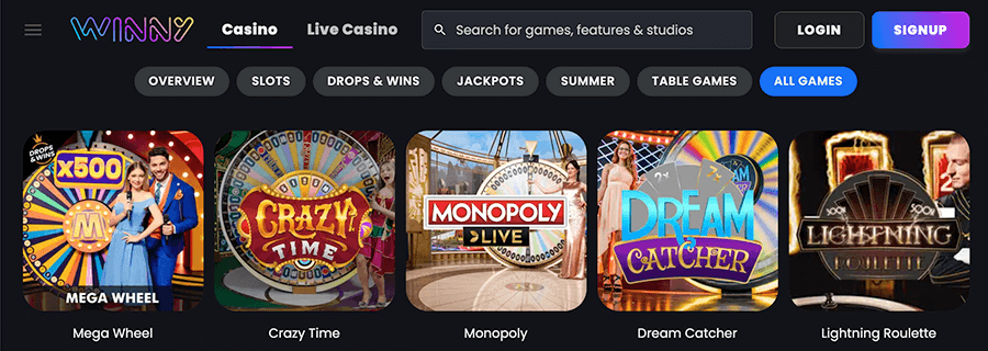 Speel ook eens in het live casino van winny